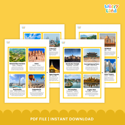 Printable flashcards showing Cappadocia hot air balloons and Taj Mahal with location subtitles and educational trivia
