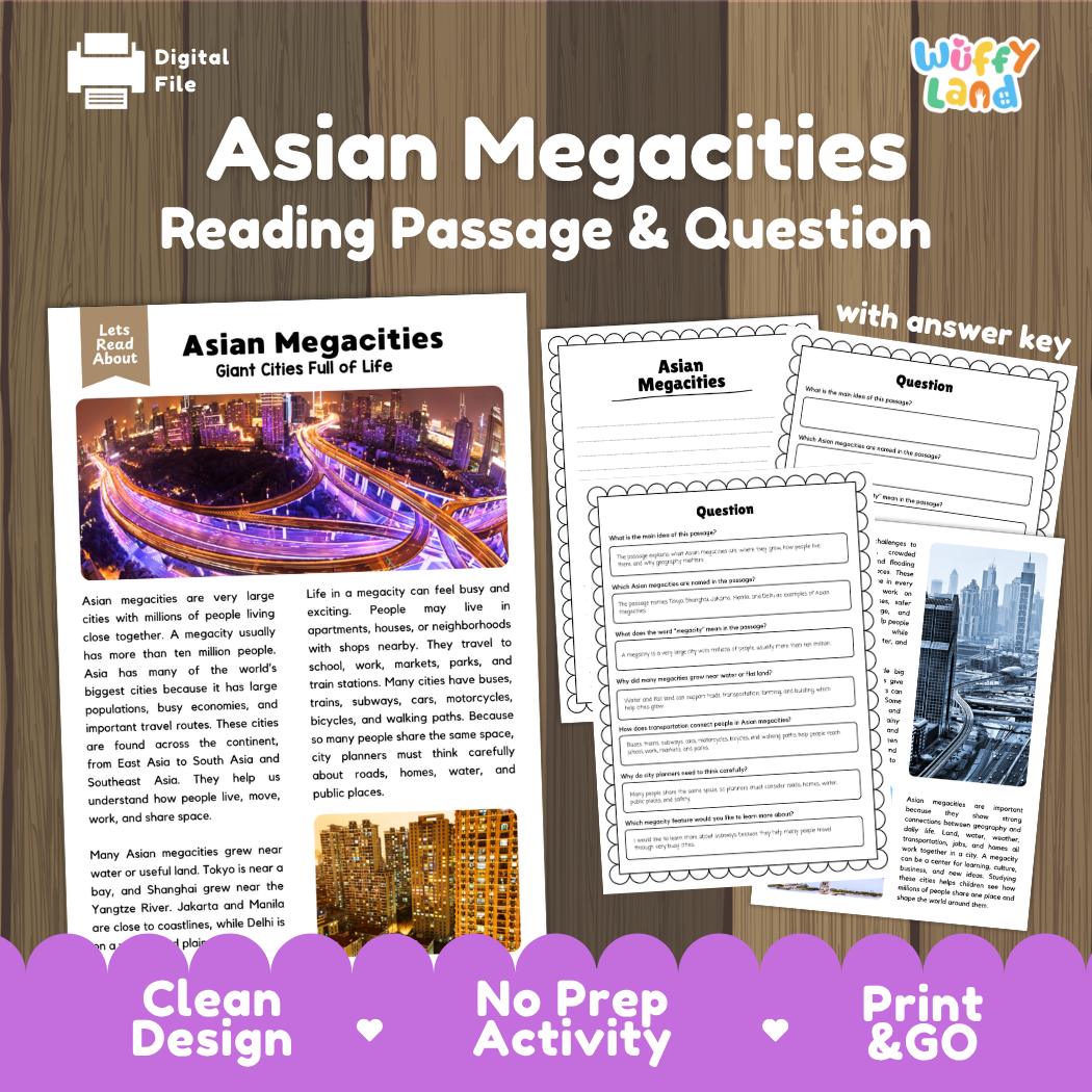 Asian Megacities reading comprehension passage and questions printable activity pack with answer key for elementary students