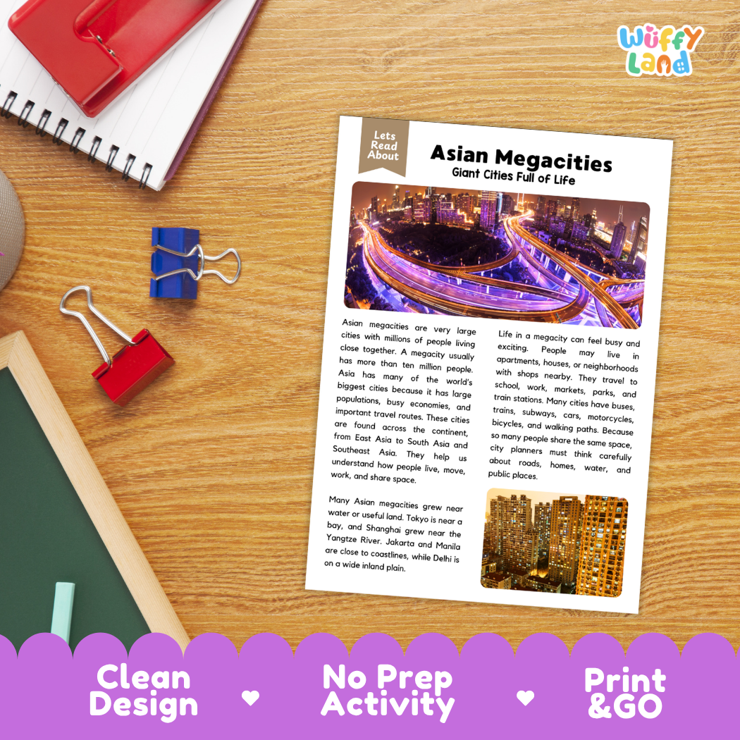 Student reading comprehension worksheet with short-answer questions and lined sections about Asian megacities