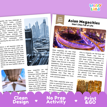 Teacher answer key page showing complete question solutions for Asian Megacities geography and urban studies reading comprehension practice