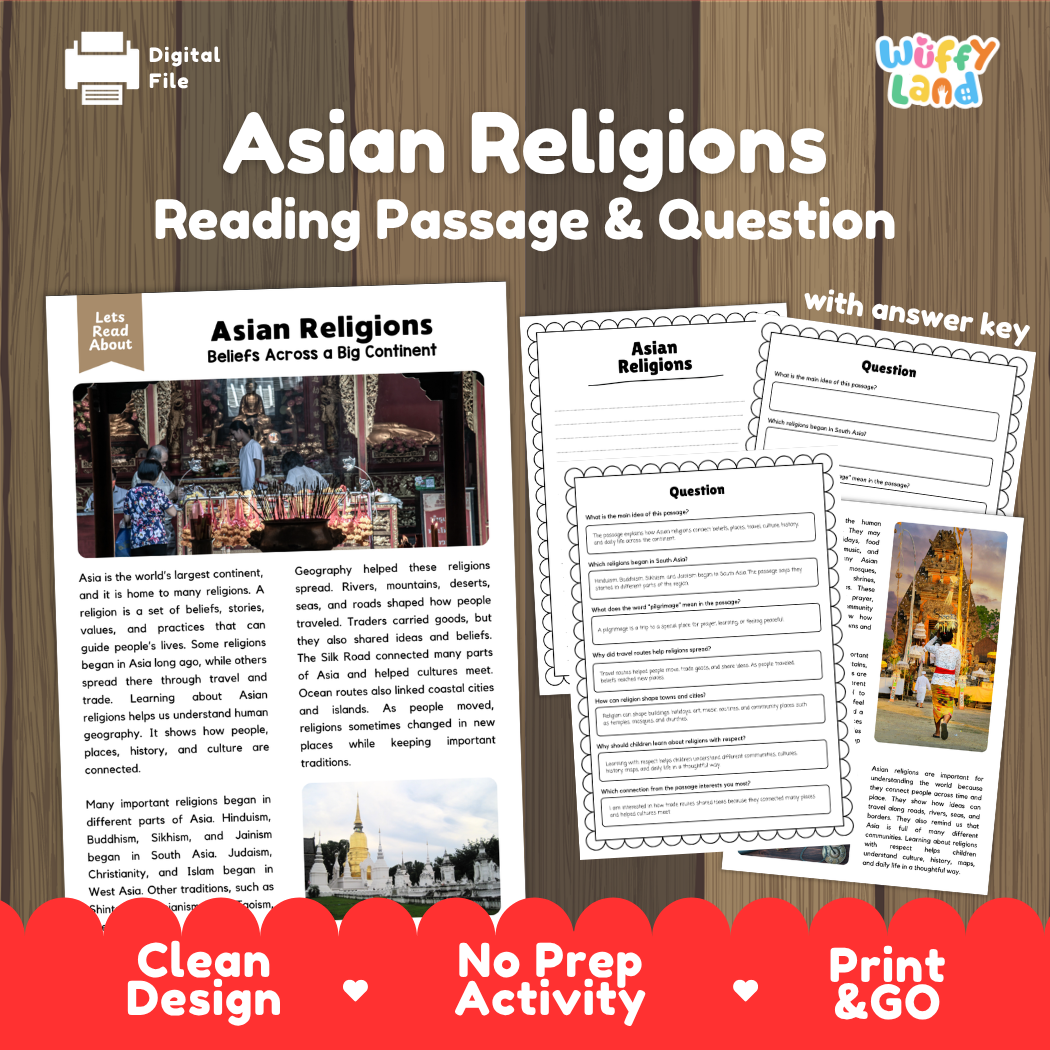 Asian Religions reading comprehension passage and questions printable activity pack with answer key for elementary students