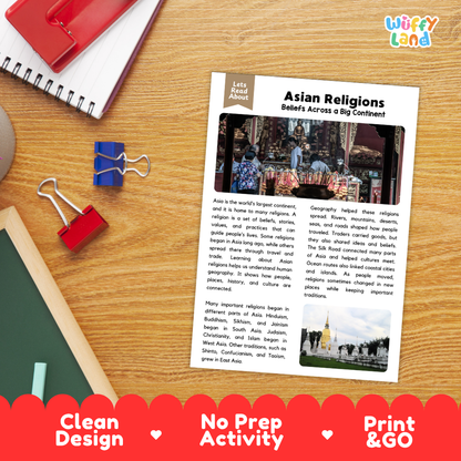Student reading comprehension worksheet with short-answer questions and lined sections about Asian religions