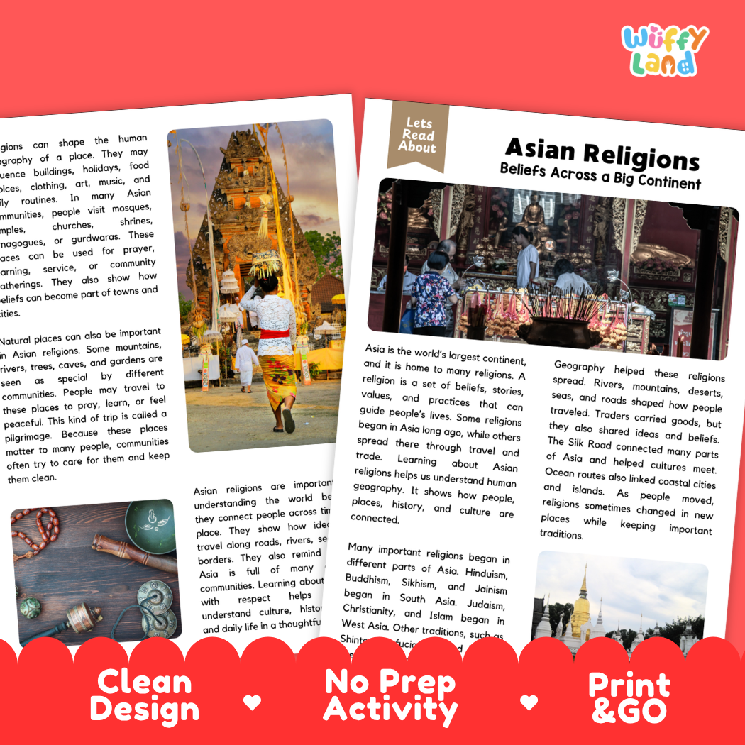 Teacher answer key page showing complete question solutions for Asian Religions world history and cultural geography reading comprehension practice
