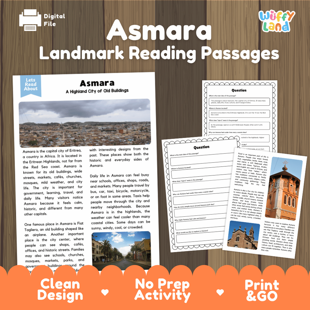 Asmara landmark reading passage and comprehension worksheet educational unit featuring nonfiction text and authentic Asmara Eritrea highland architecture photography