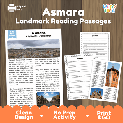 Asmara landmark reading passage and comprehension worksheet educational unit featuring nonfiction text and authentic Asmara Eritrea highland architecture photography