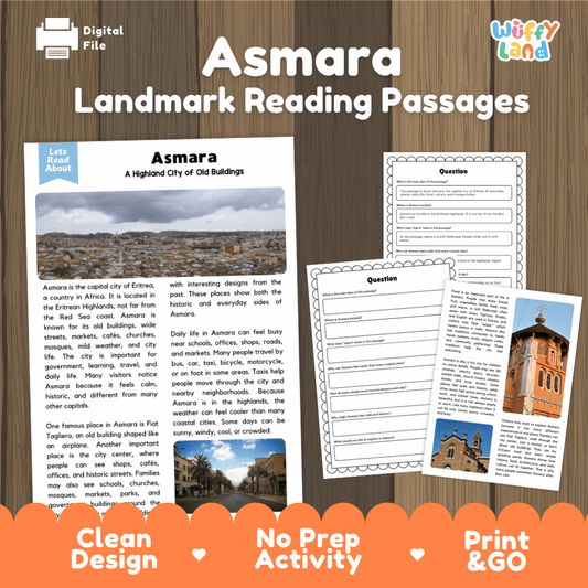 Asmara landmark reading passage and comprehension worksheet educational unit featuring nonfiction text and authentic Asmara Eritrea highland architecture photography