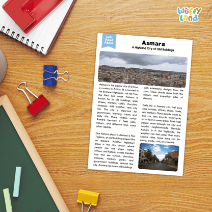 Lined reading comprehension question worksheet covering main ideas vocabulary terms and landmark facts about Asmara Eritrea