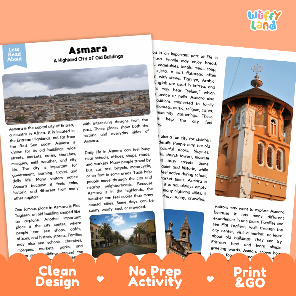 Reference sheet and answer key for Asmara landmark reading passage displaying completed comprehension answers and East African geography facts