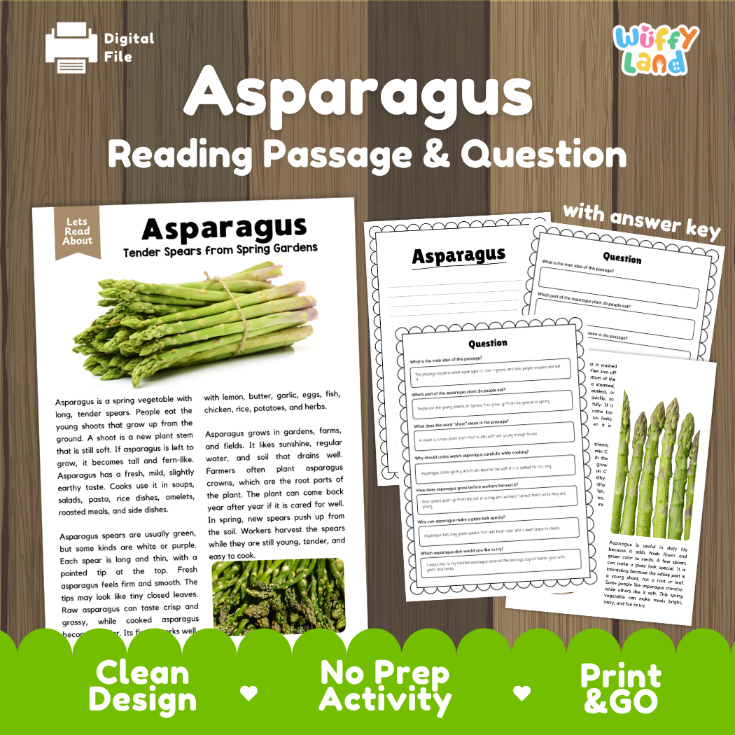 Asparagus reading comprehension passage and questions printable activity pack with answer key for elementary students