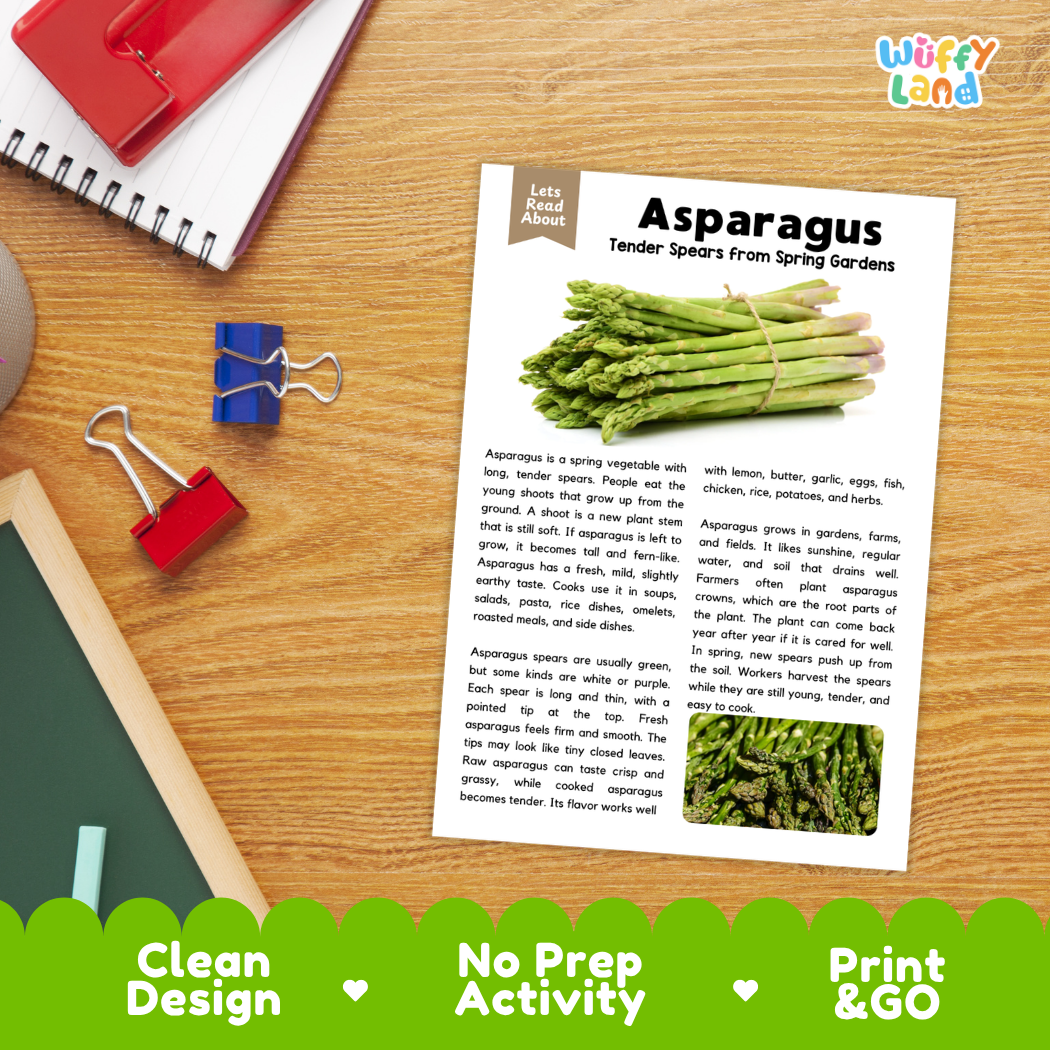 Student reading comprehension worksheet with short-answer questions and lined sections about asparagus stem vegetables