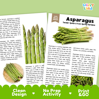 Teacher answer key page showing complete question solutions for asparagus reading comprehension practice