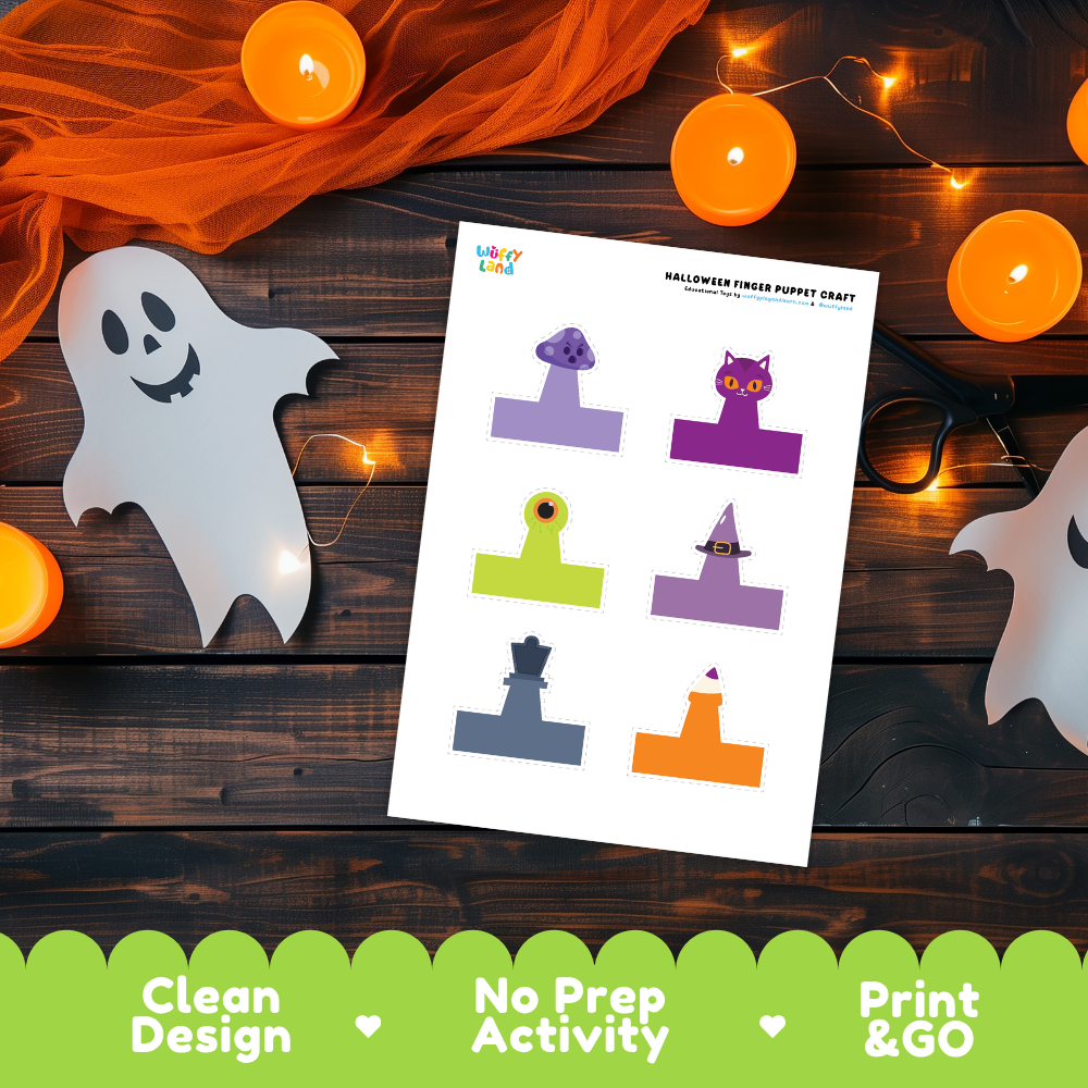 Assembled finger puppets featuring frankenstein, pumpkin, vampire, and witch characters on wooden background