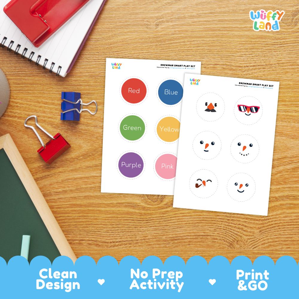 Close-up of cut circular snowman tokens featuring colors, letters, and dot counts ready for stacking