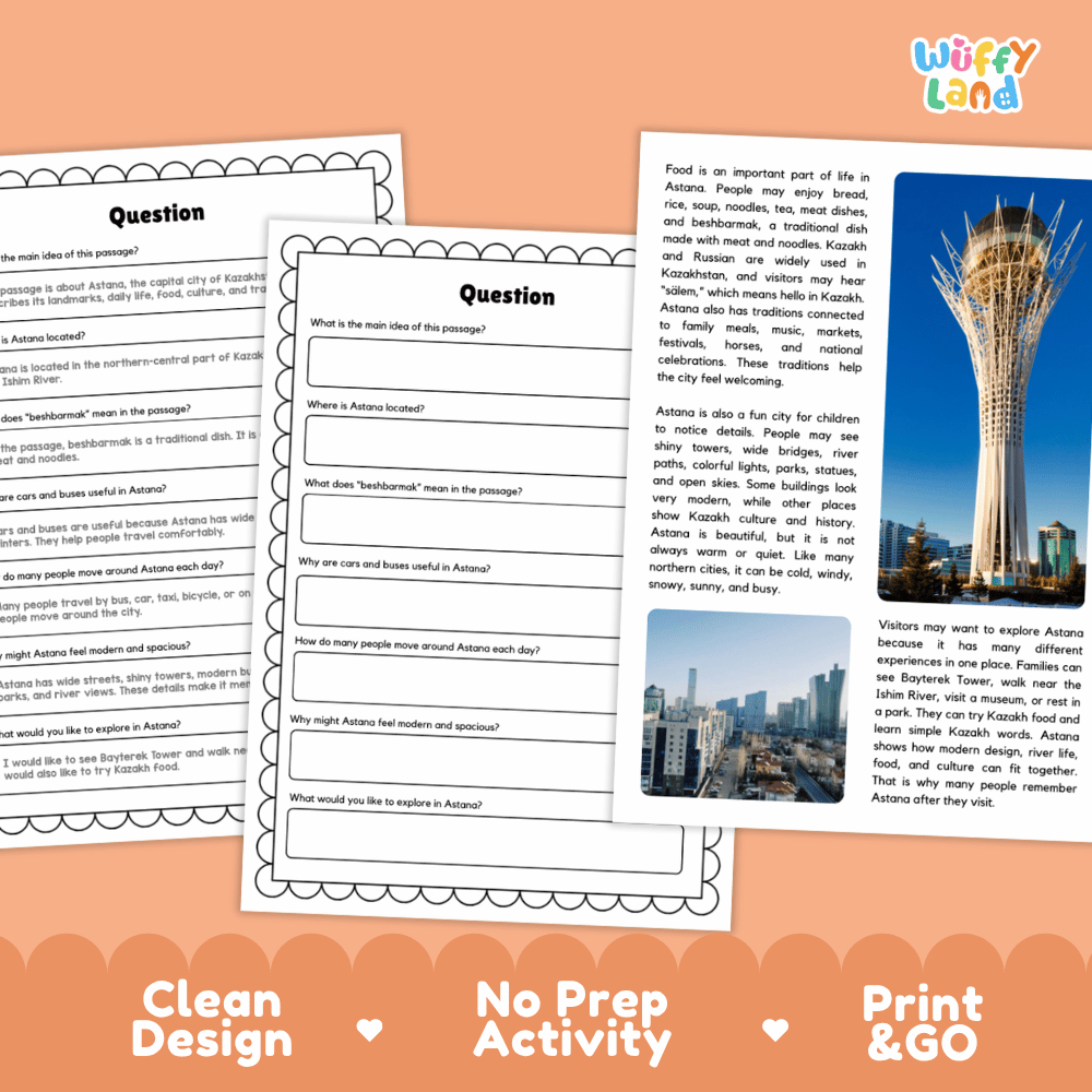 Student reading passage titled A City on the Steppe detailing Astana Kazakhstan Bayterek Tower Ishim River steppe landscapes and city photography