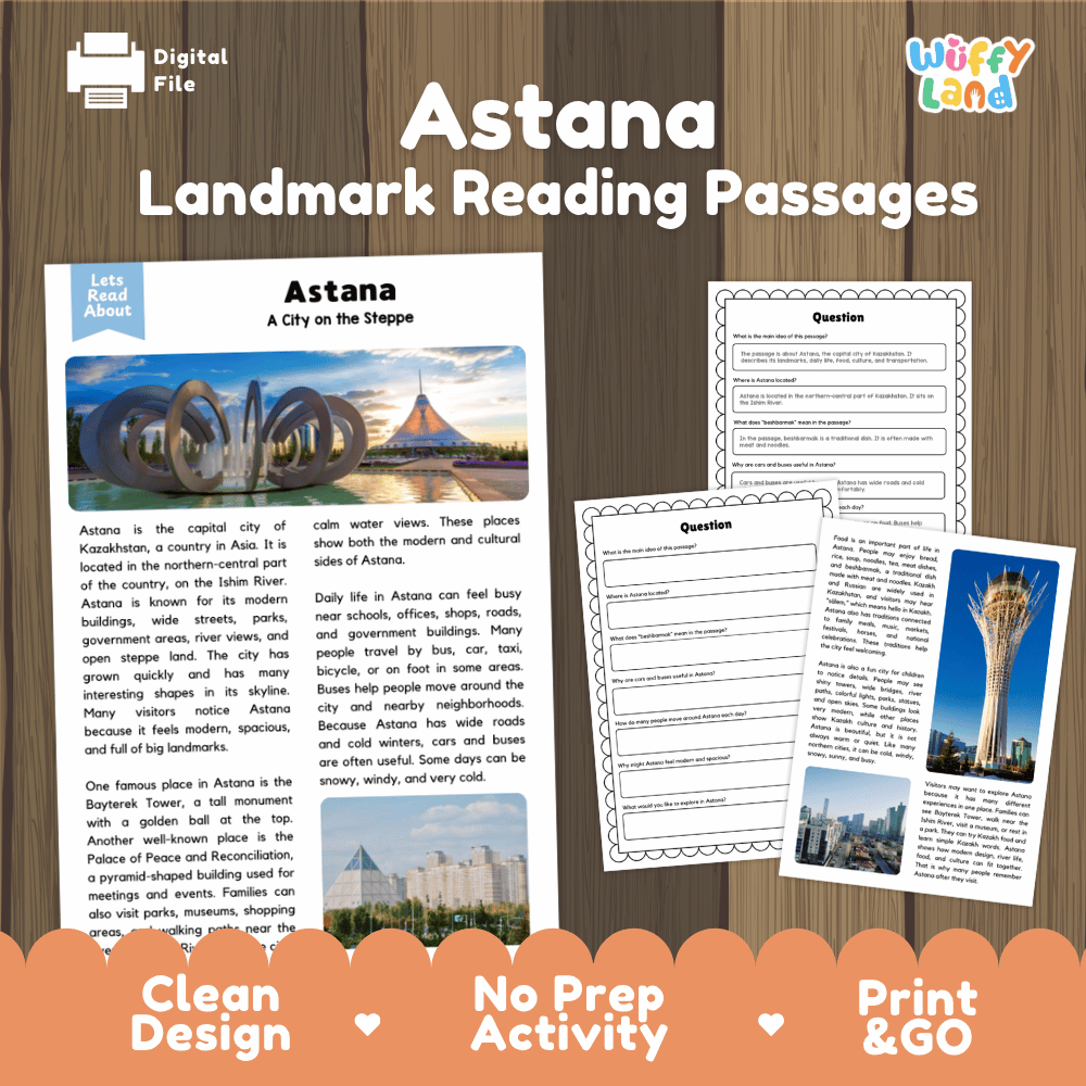 Astana landmark reading passage and comprehension worksheet educational unit featuring nonfiction text and authentic Bayterek Tower Kazakhstan photography