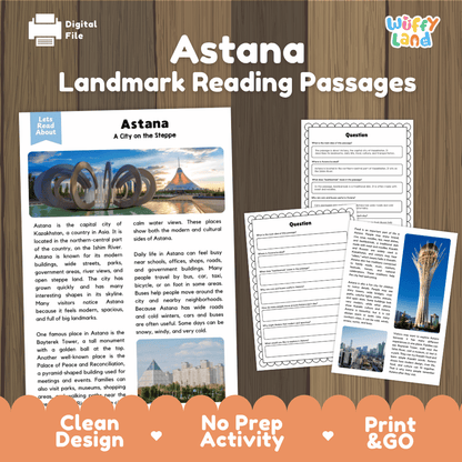 Astana landmark reading passage and comprehension worksheet educational unit featuring nonfiction text and authentic Bayterek Tower Kazakhstan photography