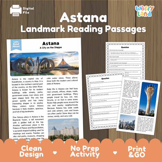 Astana landmark reading passage and comprehension worksheet educational unit featuring nonfiction text and authentic Bayterek Tower Kazakhstan photography
