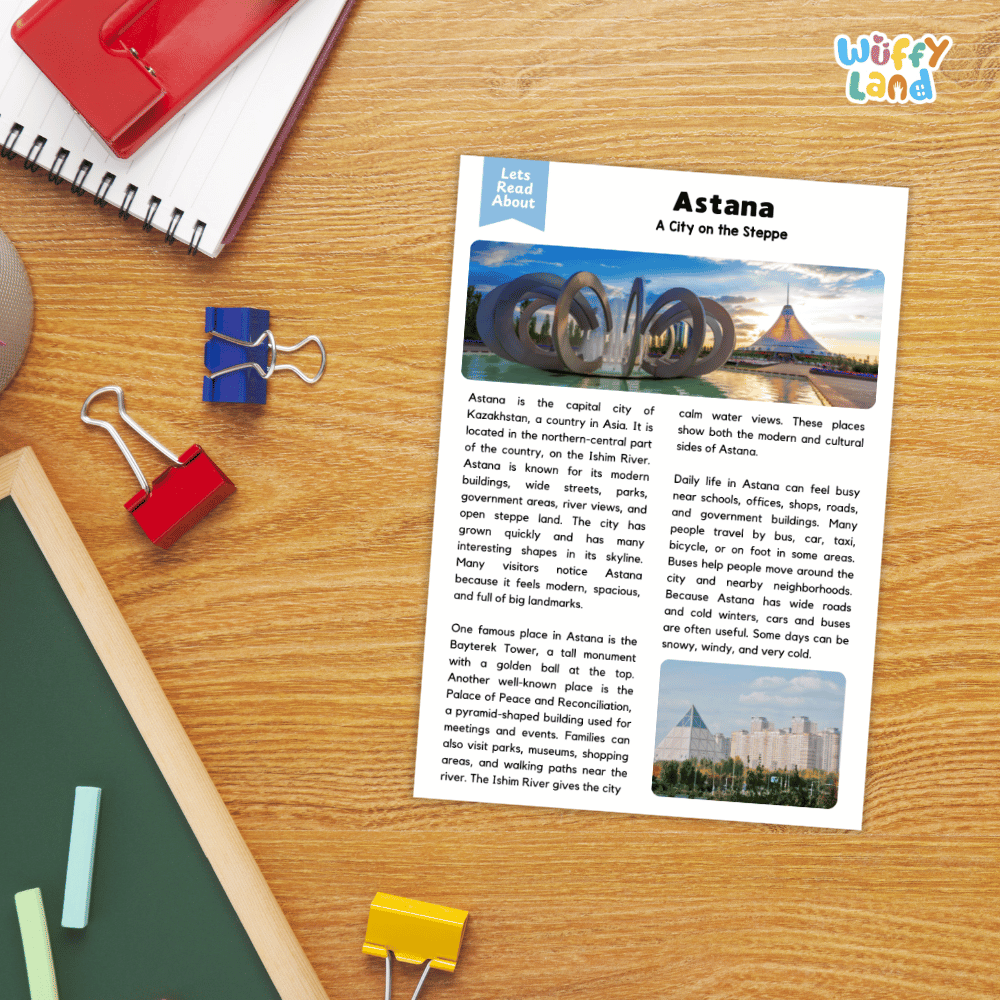 Lined reading comprehension question worksheet covering main ideas vocabulary terms and landmark facts about Astana Kazakhstan