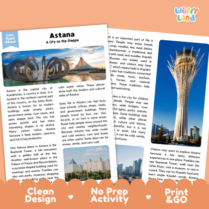 Reference sheet and answer key for Astana landmark reading passage displaying completed comprehension answers and Central Asian geography facts