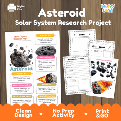 A digital product cover for an 'Asteroid Solar System Research Project' by Wiffly Land, featuring educational worksheets and activity pages about asteroids, comets, and space objects, set against a wood-grain background with orange banners at the bottom.