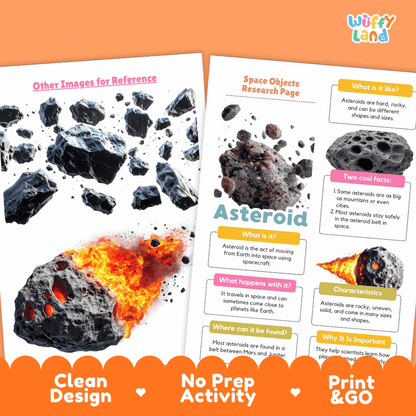 Two educational poster sheets about asteroids displayed on an orange background with a decorative orange banner at the bottom. The left sheet is titled 'Other Images for Reference' and shows a large asteroid with an explosion.