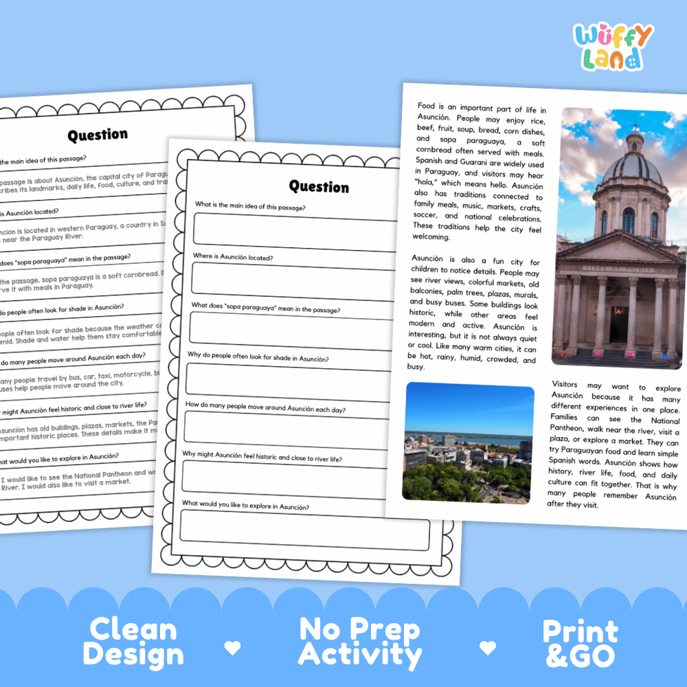 Student reading passage titled A City by the Paraguay River detailing Asuncion Paraguay Palacio de los Lopez National Pantheon sopa paraguaya and city photography