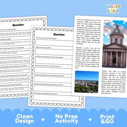 Student reading passage titled A City by the Paraguay River detailing Asuncion Paraguay Palacio de los Lopez National Pantheon sopa paraguaya and city photography