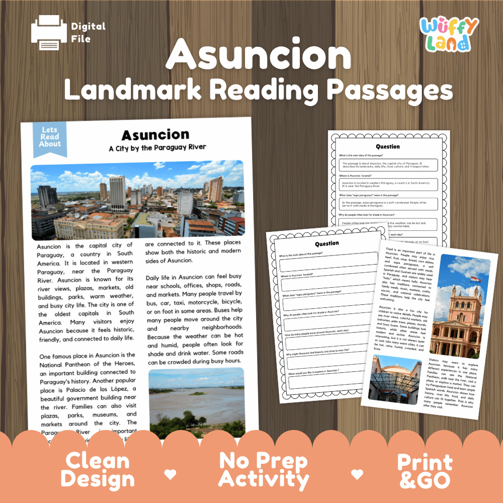 Asuncion landmark reading passage and comprehension worksheet educational unit featuring nonfiction text and authentic Asuncion Paraguay city photography