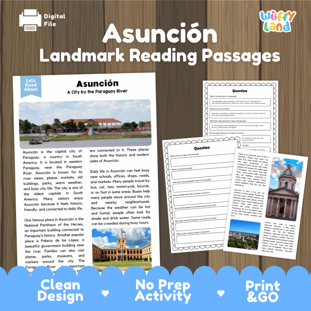 Asuncion landmark reading passage and comprehension worksheet educational unit featuring nonfiction text and authentic Paraguay River and city architecture photography
