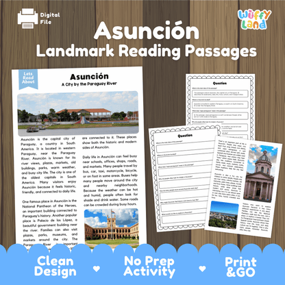 Asuncion landmark reading passage and comprehension worksheet educational unit featuring nonfiction text and authentic Paraguay River and city architecture photography
