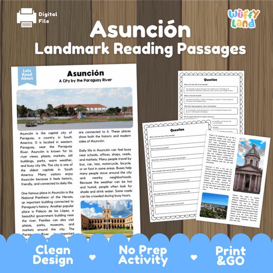 Asuncion landmark reading passage and comprehension worksheet educational unit featuring nonfiction text and authentic Paraguay River and city architecture photography
