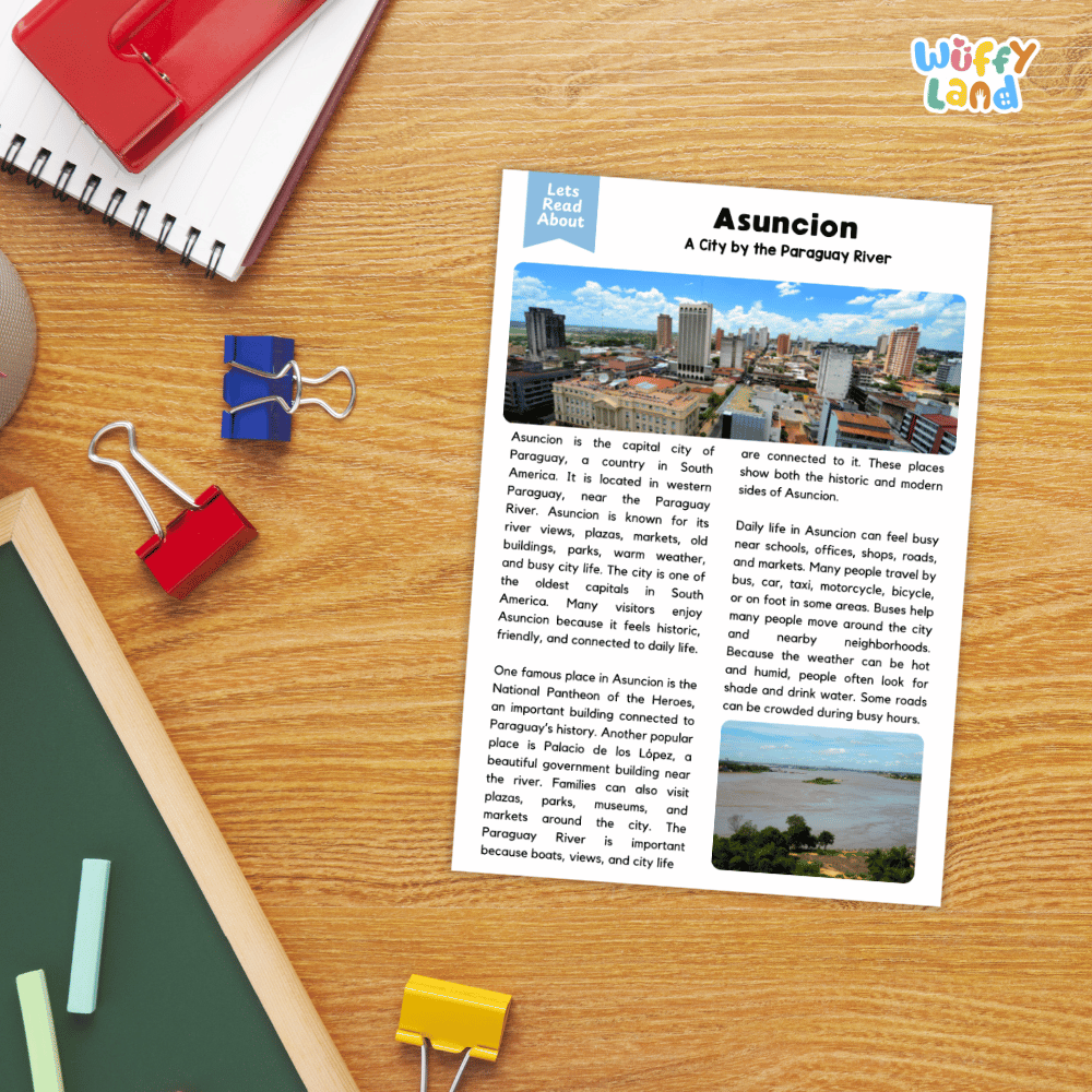 Lined reading comprehension question worksheet covering main ideas vocabulary terms and landmark facts about Asuncion Paraguay