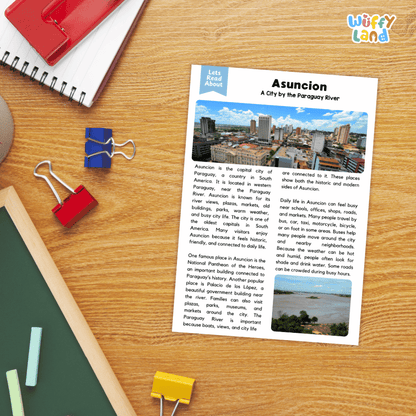 Lined reading comprehension question worksheet covering main ideas vocabulary terms and landmark facts about Asuncion Paraguay