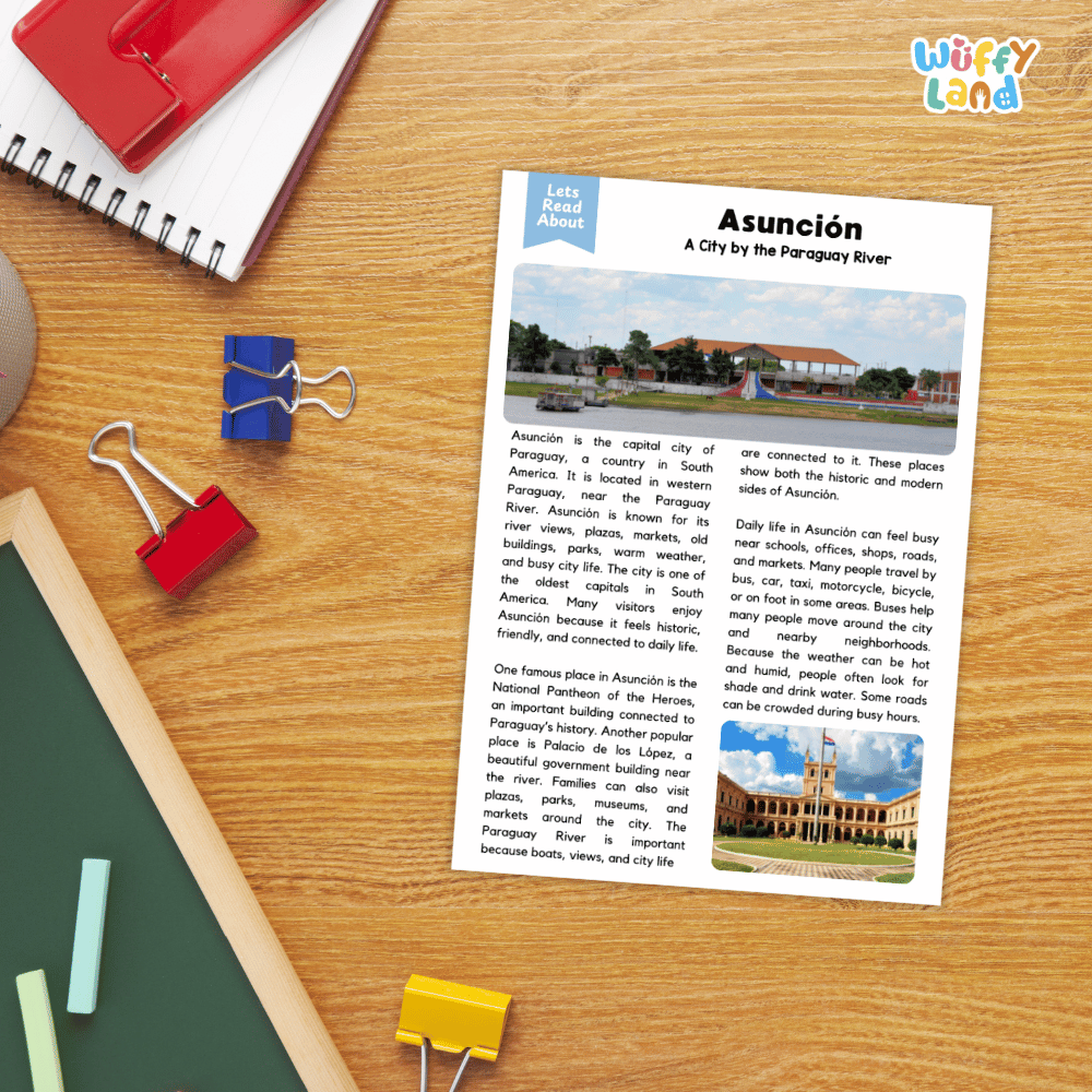 Lined reading comprehension question worksheet covering main ideas vocabulary terms and landmark facts about Asuncion Paraguay