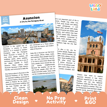 Reference sheet and answer key for Asuncion landmark reading passage displaying completed comprehension answers and South American geography facts