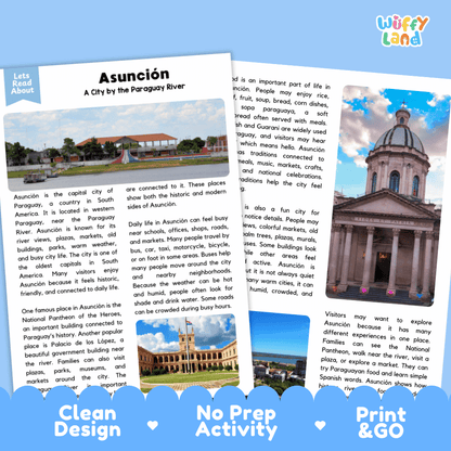 Reference sheet and answer key for Asuncion landmark reading passage displaying completed comprehension answers and South American geography facts