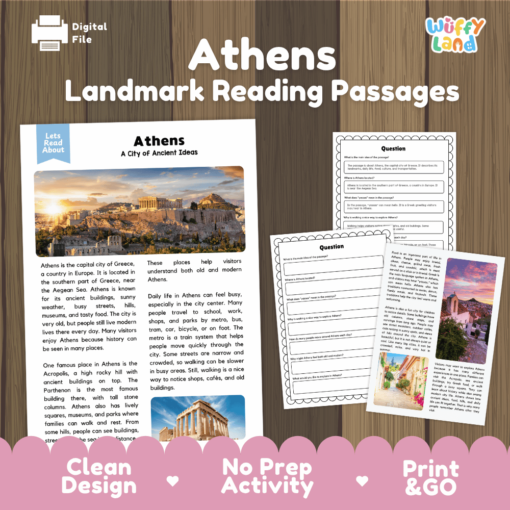 Athens landmark reading passage and comprehension worksheet educational unit featuring nonfiction text and authentic Greek Acropolis architecture photography