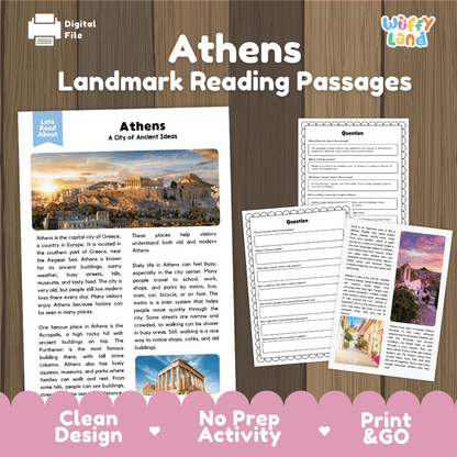 Athens landmark reading passage and comprehension worksheet educational unit featuring nonfiction text and authentic Greek Acropolis architecture photography