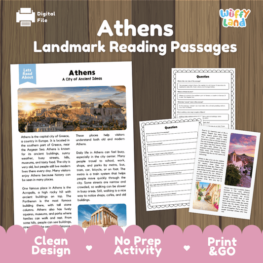 Athens landmark reading passage and comprehension worksheet educational unit featuring nonfiction text and authentic Greek Acropolis architecture photography