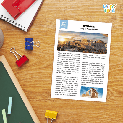 Lined reading comprehension question worksheet covering main ideas vocabulary terms and landmark facts about Athens Greece