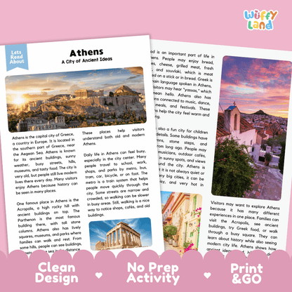 Reference sheet and answer key for Athens landmark reading passage displaying completed comprehension answers and European geography facts