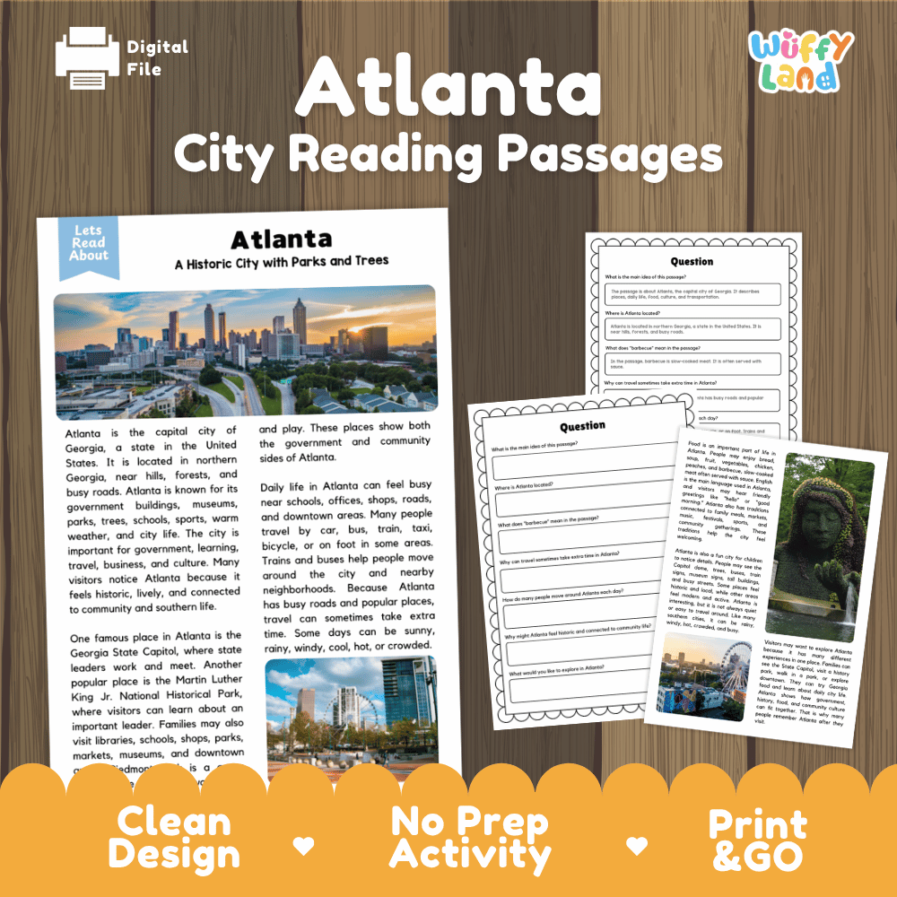 Atlanta city reading passages and comprehension worksheet educational unit featuring nonfiction text and authentic Atlanta Georgia sunset skyline photography