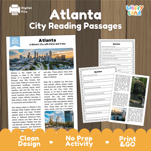 Atlanta city reading passages and comprehension worksheet educational unit featuring nonfiction text and authentic Atlanta Georgia sunset skyline photography