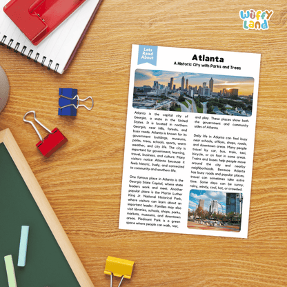 Lined reading comprehension question worksheet covering main ideas vocabulary terms and landmark facts about Atlanta Georgia