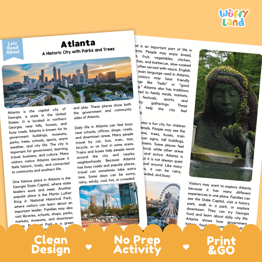 Reference sheet and answer key for Atlanta landmark reading passage displaying completed comprehension answers and United States geography facts