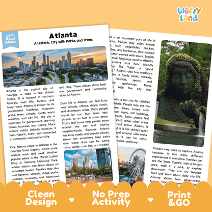 Reference sheet and answer key for Atlanta landmark reading passage displaying completed comprehension answers and United States geography facts