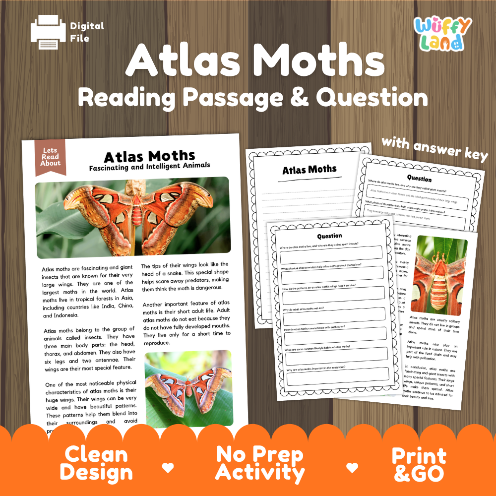 Digital reading activity sheet for 'Atlas Moths' featuring a reading passage, comprehension questions, and an answer key layout, presented on a wood background with promotional text at the bottom.