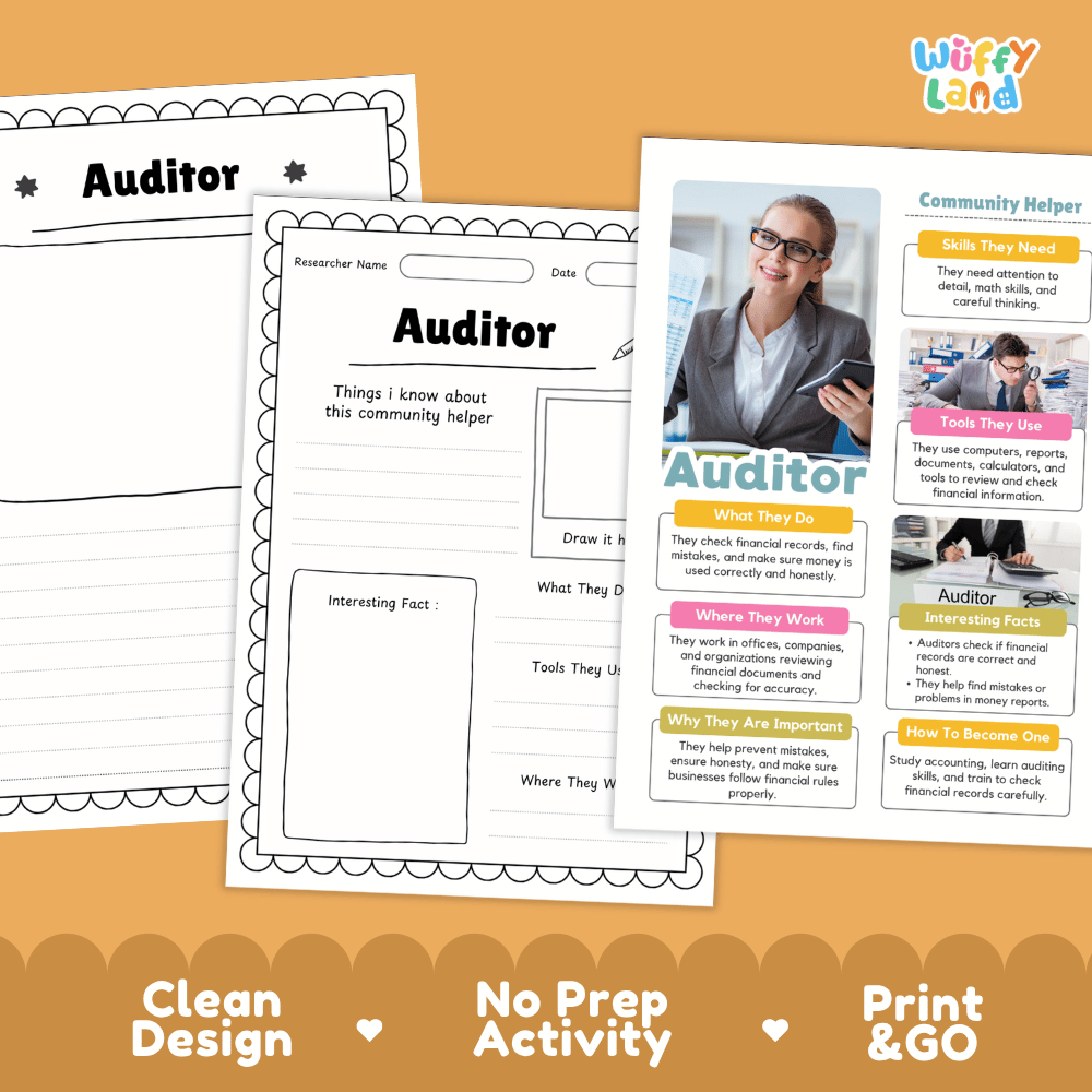 Printable auditor community helper activity sheets from Wiffy Land, featuring worksheet pages with fill-in lines, a photo of an auditor, and informational text blocks, displayed on a warm orange background with promotional text.