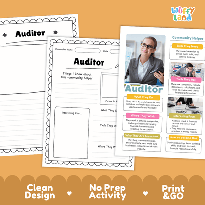 Printable auditor community helper activity sheets from Wiffy Land, featuring worksheet pages with fill-in lines, a photo of an auditor, and informational text blocks, displayed on a warm orange background with promotional text.