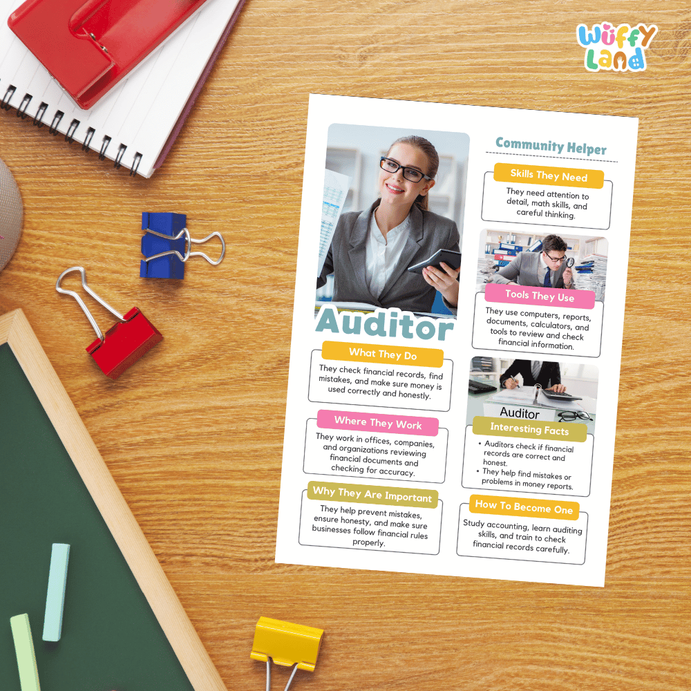 A printed career guide sheet titled 'Community Helper' and 'Auditor' lies on a wooden desk, surrounded by colorful office supplies including a red spiral notebook, binder clips, chalk, and a green folder.